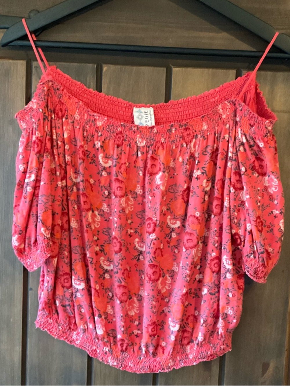 Free People FP One Pink Floral Off Shoulder Smocked Boho Crop Top. S